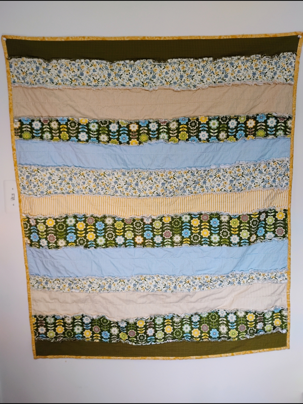 Handmade Lap Rag Floral Stripe Quilt in Green, Blue & Yellow New Fabric Only